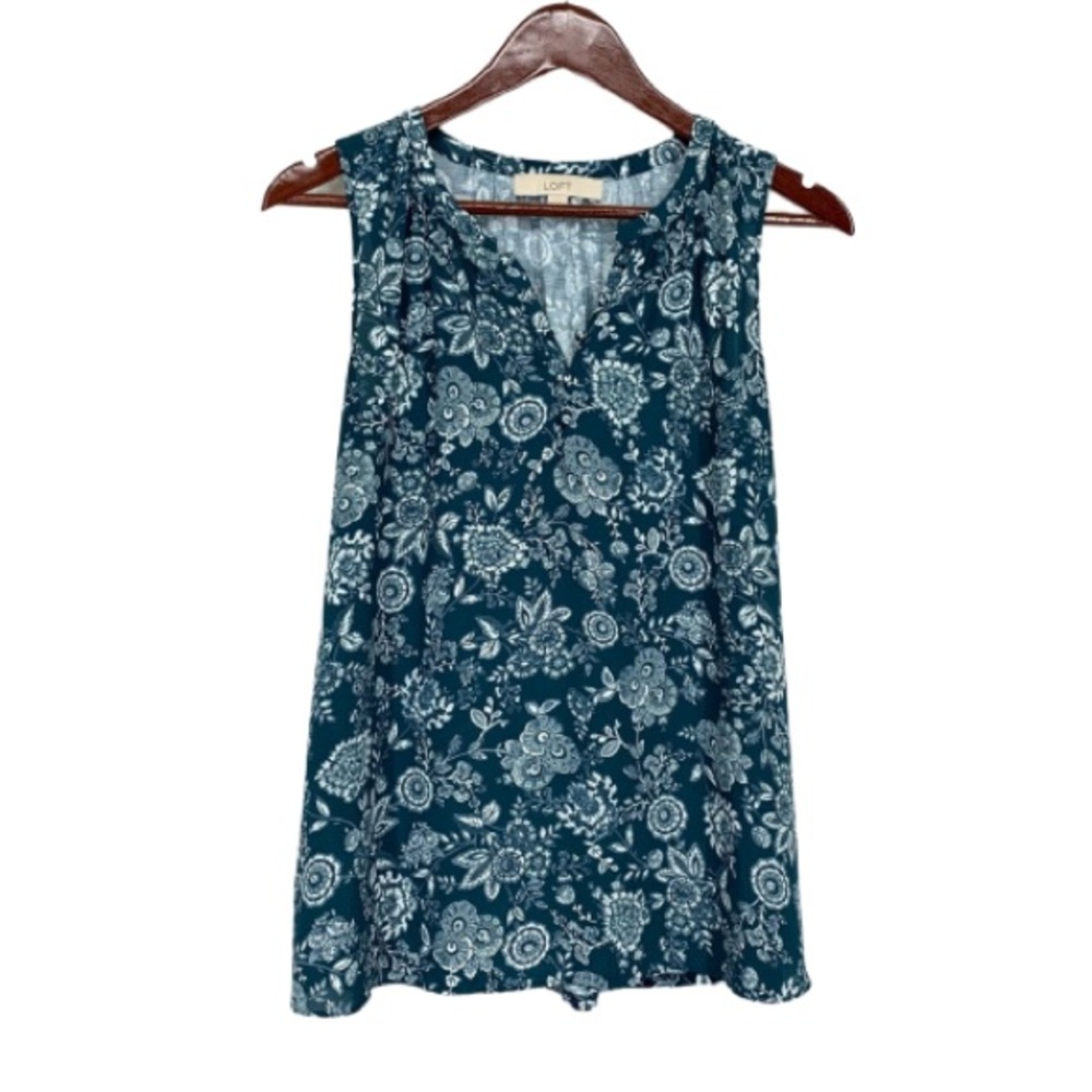 LOFT Dark Blue & White Floral Button V-Neck Sleeveless Dressy Blouse Size XS